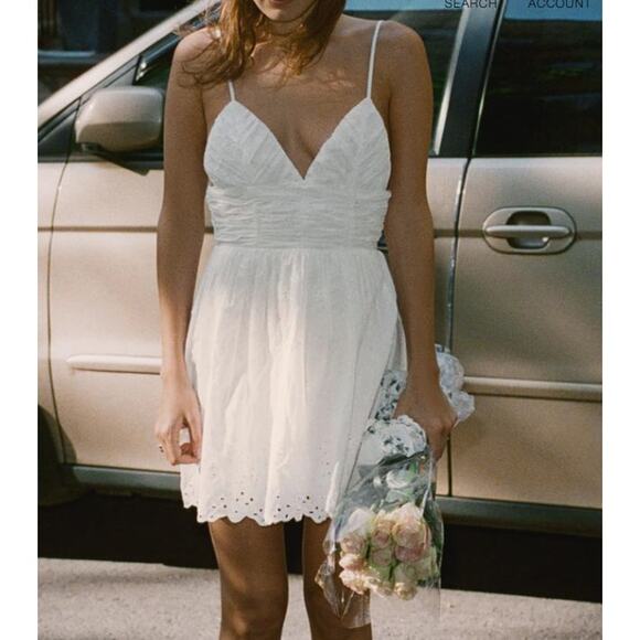 Zara White Cotton Eyelet Embroidered V-Neck Mini Spaghetti Strap Dress Sz Medium - Picture 10 of 11